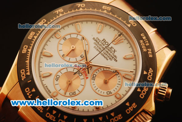 Rolex Daytona Chronograph Swiss Valjoux 7750 Automatic Rose Gold Case with White Dial and Brown Leather Strap - Click Image to Close